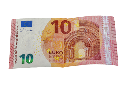 Front side of a ten euro banknote showing a Romanesque archway, the EU flag, the signature of the ECB president, the euro symbol, and a hologram stripe with value and window.