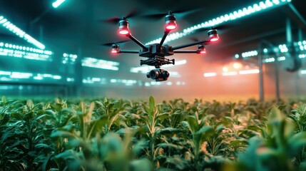 Drone monitoring crop health in illuminated greenhouse during evening hours