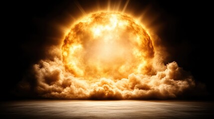 Fiery celestial orb emerging from smoky clouds