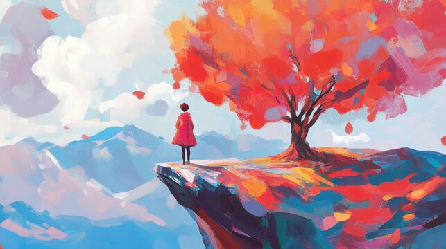 Cliffside Contemplation A lone figure gazes from a colorful precipice under a blazing tree