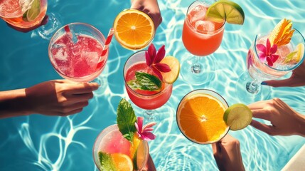 Refreshing summer cocktails and citrus fruits in a turquoise pool scenery setting