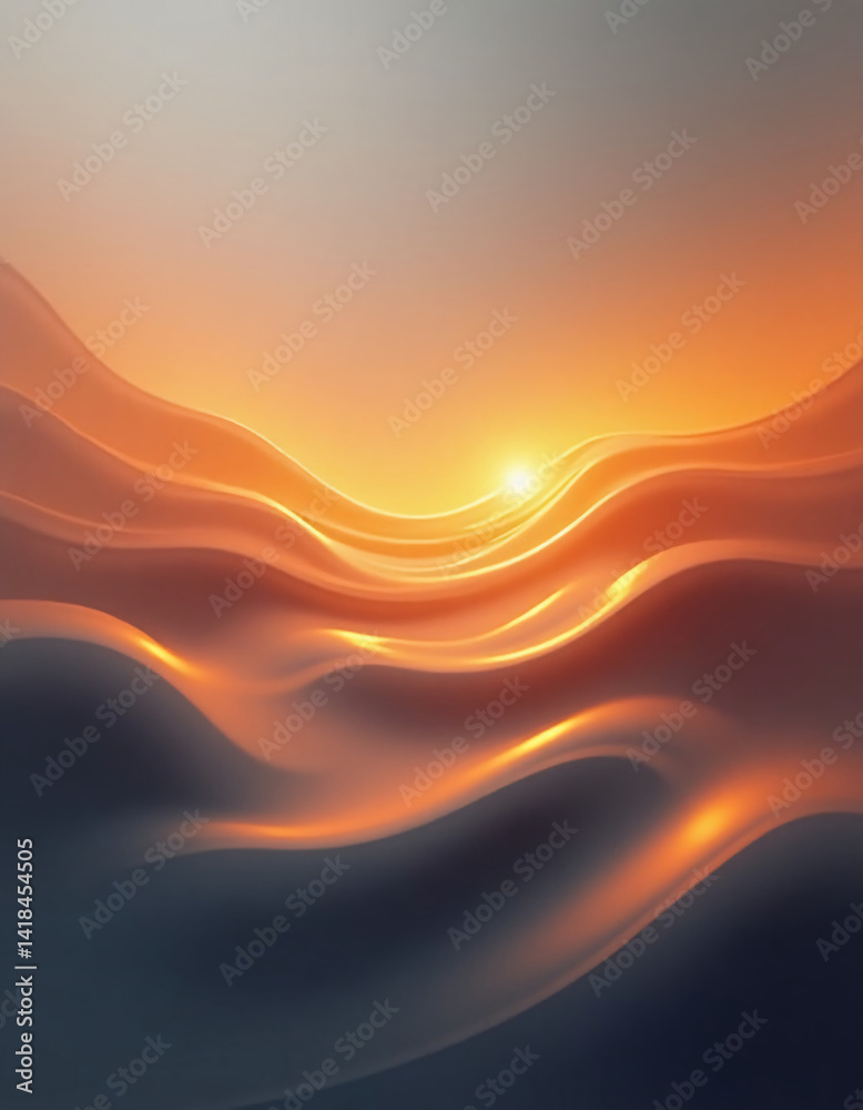 Poster waves gently flow in elegant curves as an enchanting orange sunset casts a warm glow on the water, b