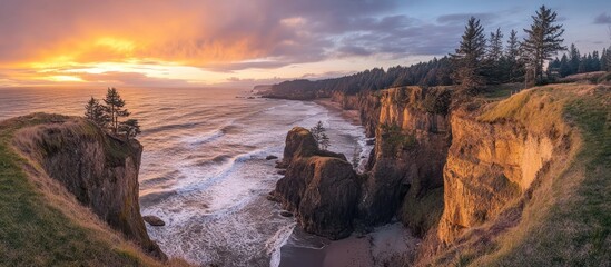 Fototapeta premium Golden sunset colors illuminate ocean cliffs with trees at the coast