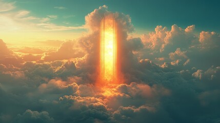 Celestial beacon amidst swirling clouds radiates divine luminance upwards