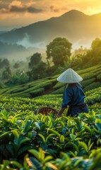 Tea farmer are harvesting tea leaf in the garden with beautiful nature scenery Generate AI