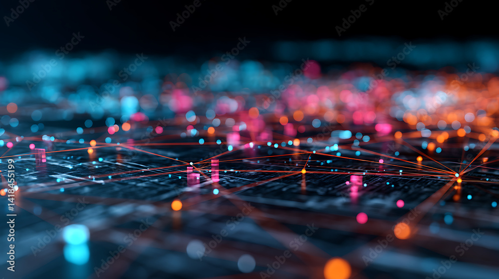 Poster quantum connectivity visualization immersive digital ecosystem with luminescent network nodes - futu