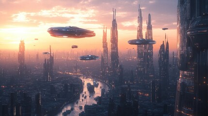 Obraz premium Futuristic city skyline under a twilight sky with flying vessels in motion over the river