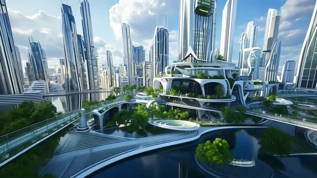 Futuristic city skyline with advanced architecture and lush greenery, creating a utopian view
