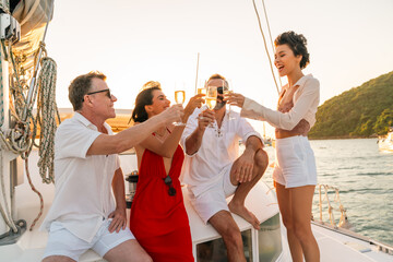 Happy Caucasian man and woman travel nature the sea on luxury catamaran boat yacht on summer beach...