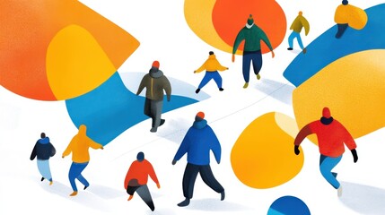 Fototapeta premium Colorful people stroll through an abstract landscape of shapes and paths