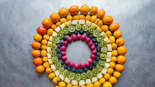 Vibrant fruit arrangement featuring colorful kiwi, oranges, blueberries, plums, and pineapple in a circular pattern on a grey surface