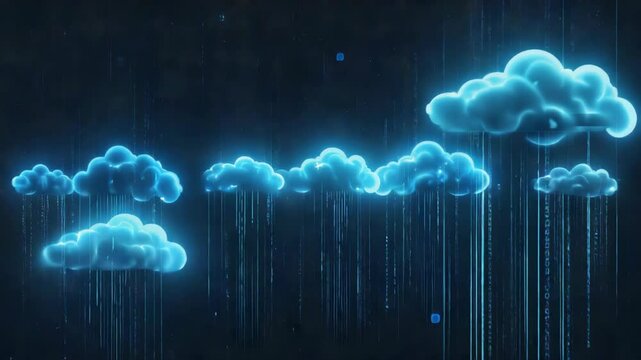 Digital clouds with binary code rain representing advanced computing and data flow on a dark background for technology visualization