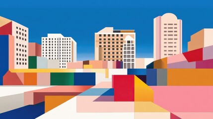 Obraz premium Colorful urban geometry Skyscrapers emerge from abstract blocks under a clear blue sky