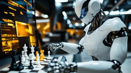 Fototapeta premium Robot chess player engages in strategic match in a modern technology environment during a tournament