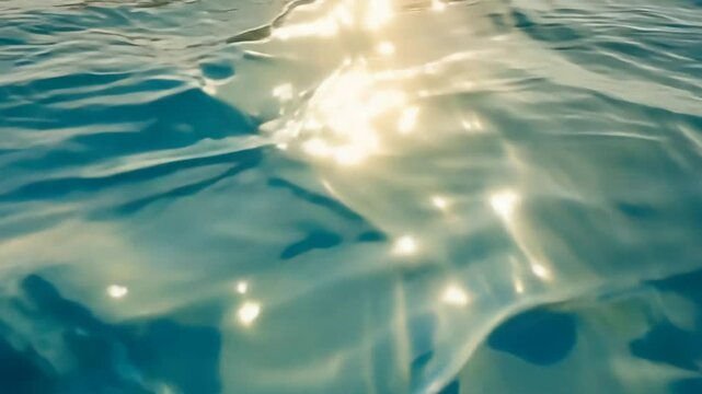 Blurred footage of water's surface, strongly affected by sunlight reflecting off it. Golden sunlight dances upon the dynamic surface of the water.