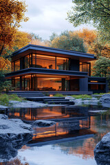 Obraz premium A dream house in a lakeside setting, surrounded by lush natural scenery.