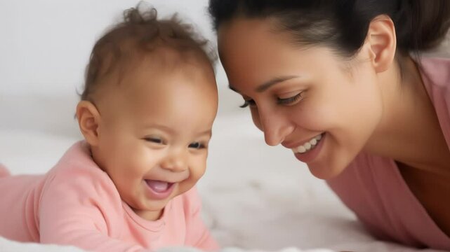 A tender moment of a mother kissing her baby on the forehead while lying on a white surface. It symbolizes love, affection, and the deep bond between parent and child in a warm, intimate setting.	
