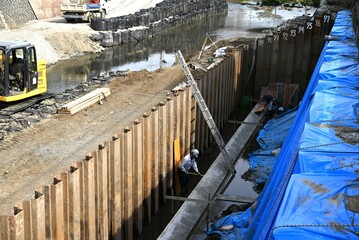 A view of river bank construction. Background material for flood prevention and environmental improvement.
