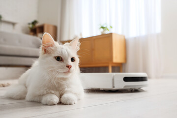 Cute white cat with robot vacuum cleaner lying on floor at home