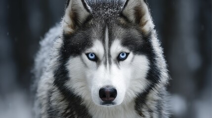 Naklejka premium A powerful Siberian Husky sled dog, eyes intense, fur thick and white, straining at its harness - white landscape arctic