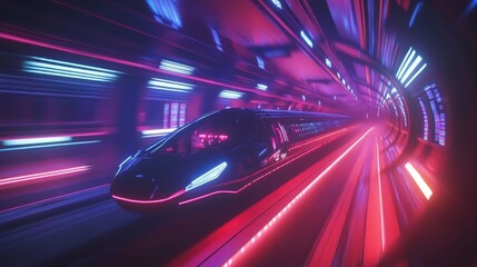 Fototapeta premium Futuristic train traveling through a neon-lit tunnel at high speed during night
