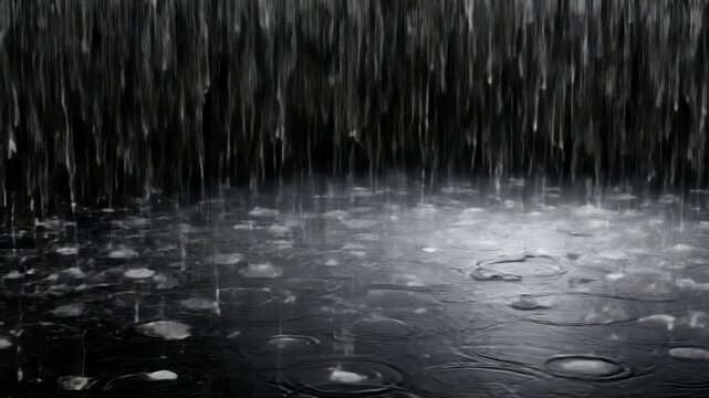 Raindrops falling on a reflective surface, creating ripples and splashes in a monochromatic setting