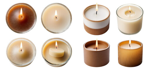 Assorted Candles with Flames in Various Styles and Shapes for Relaxation, Isolated on Transparent Background