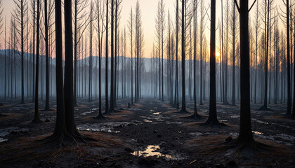 Burnt forest landscape at sunset with misty atmosphere  