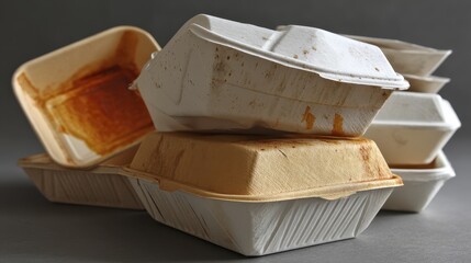 Several used hamburger containers discarded after a meal, showing grease stains - takeaway grease oil