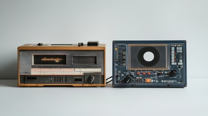 Obraz premium Vintage audio components showcase contrasting design aesthetics and technological eras