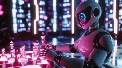 Fototapeta premium Robot competes in chess match in high-tech lounge during evening hours