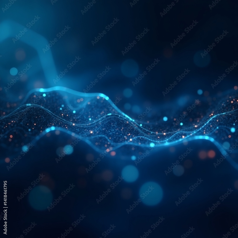 Poster abstract blue digital data, featuring flowing particles and glowing lights, with a blurred depth of 