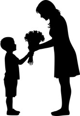 Silhouette of Child Giving Flowers to Mother – Mother’s Day Vector Illustration