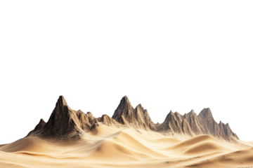 Majestic desert landscape with sharp mountain peaks and golden sand dunes isolated on transparent background