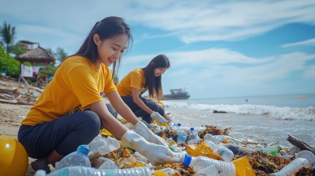 Dedicated young women diligently cleaning up plastic waste from the beach shores