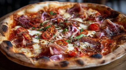 A close up shot of a small pizza with basil and tomatoes on a bright yellow background in studio lighting