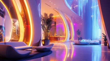Modern hotel lobby with vibrant lighting and sleek design hosting evening guests in a lively atmosphere