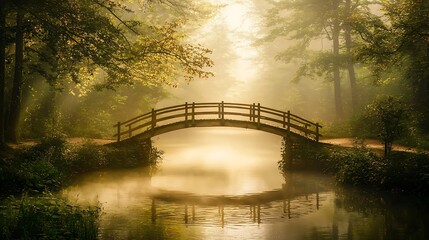Fototapeta premium Misty morning, wooden bridge over calm water in tranquil park.
