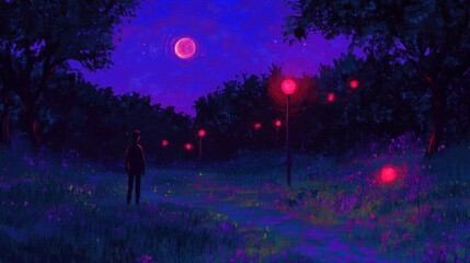 Fototapeta premium Eerie night walk A lone figure strolls a path lined with strange red lights under a crimson moon