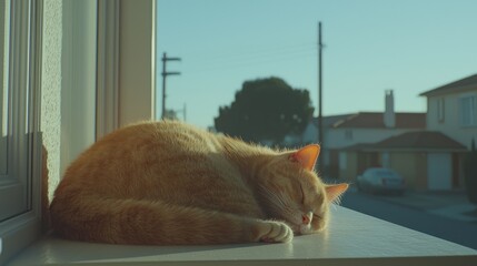 Orange tabby cat naps on windowsill, sunlit view