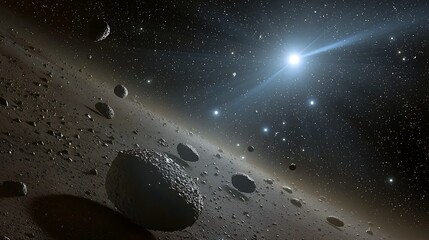 Fototapeta premium Asteroid field orbiting a bright star in deep space.