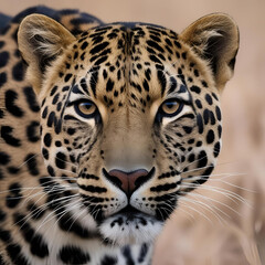 Obraz premium the face of a leopard with a distinctive coat pattern consisting of yellowish fur with black spots