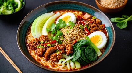 A vibrant bowl of ramen features succulent sliced beef, fresh bok choy, green onions, and minced meat in a rich spicy broth, accompanied by chopsticks on a dark background