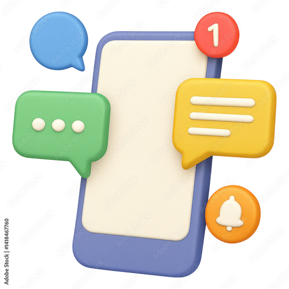 Poster smartphone displaying multiple notifications messages alerts chat bubbles, isolated on transparent b