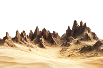 Majestic desert landscape with sharp mountain peaks and golden sand dunes isolated on transparent background