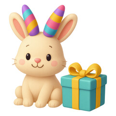 Obraz premium Adorable Cartoon Bunny Rabbit with Gift Celebrates Birthday Party, isolated on transparent background