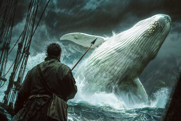 Harpooner on a whaling ship confronts a white whale, raining, storm