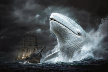 Massive white whale breaching the dark ocean, stormy sky