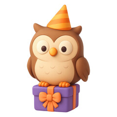 Fototapeta premium Adorable Cartoon Owl Wearing Party Hat on Gift Box 3D Illustration, isolated on transparent background