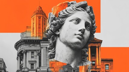 Fototapeta premium Greco roman sculpture and city architecture collide artistically
